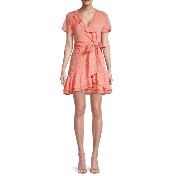 Tanya Taylor Women's Bianka II Silk Blend Mini Wrap Dress in Melon Pink Size 2 - Picture 2 of 14
